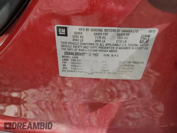 2013 Chevrolet Equinox LT with VIN 2GNALDEK0D1121156, listed as a Copart auction lot 71426405 with Not provided miles and Clean title. Bid and sale history available at DreamBid. Image 13.