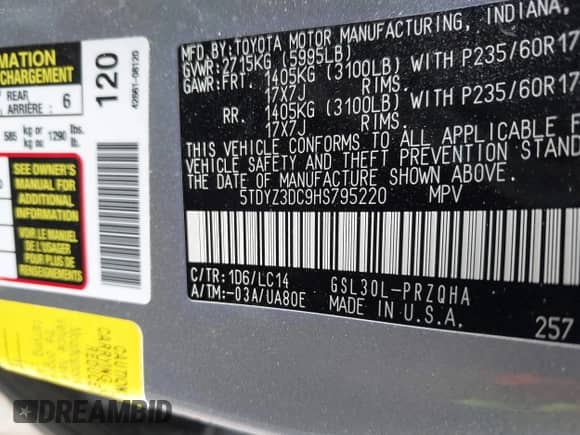 2017 Toyota Sienna XLE Auto Access Seat z VIN 5TDYZ3DC9HS795220, wystawiony jako IAAI lot #41641227 z przebiegiem 86 336 mil mil oraz . Historia ofert i sprzedaży dostępna na DreamBid. Obrazek 9.