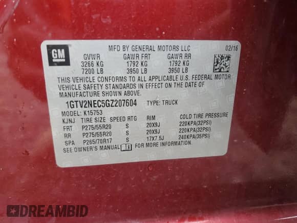 2016 GMC Sierra 1500 SLT with VIN 1GTV2NEC5GZ207604, listed as a Copart auction lot 62514355 with 122,220 mi miles and Salvage title. Bid and sale history available at DreamBid. Image 13.