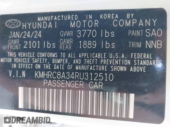 2024 Hyundai Venue Limited с VIN KMHRC8A34RU312510, выставлен на аукционе IAAI как лот 42587389 с пробегом 32 697 миль миль и . История ставок и продаж доступна на DreamBid. Изображение 9.