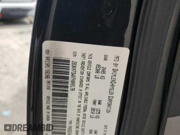 2007 Dodge Charger SRT-8 с VIN 2B3KA73W07H809178, выставлен на аукционе Copart как лот 60517385 с пробегом Не указан миль и Списание • Salvage title. История ставок и продаж доступна на DreamBid. Изображение 12.