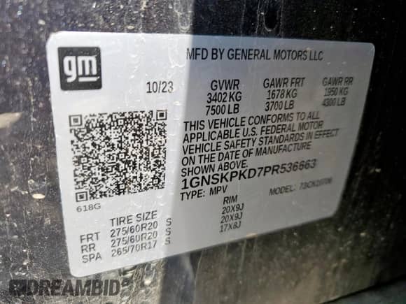 2023 Chevrolet Tahoe Z71 with VIN 1GNSKPKD7PR536663, listed as a Copart auction lot 70169615 with Not provided miles and Non repairable. Bid and sale history available at DreamBid. Image 14.