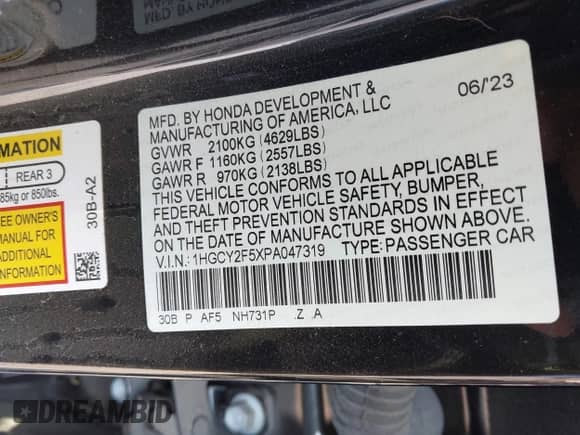 2023 Honda Accord Sport with VIN 1HGCY2F5XPA047319, listed as a IAAI auction lot 42982783 with 28,055 mi miles and . Bid and sale history available at DreamBid. Image 9.