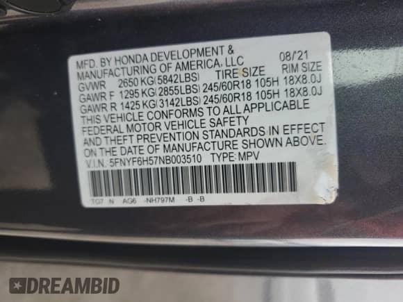 2022 Honda Pilot EX-L with VIN 5FNYF6H57NB003510, listed as a Copart auction lot 62173115 with 30,751 mi miles and Salvage title. Bid and sale history available at DreamBid. Image 13.