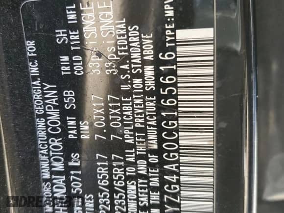 2012 Hyundai Santa Fe GLS с VIN 5XYZG4AG0CG165616, выставлен на аукционе Copart как лот 87481284 с пробегом Не указан миль и Списание • Salvage title. История ставок и продаж доступна на DreamBid. Изображение 16.