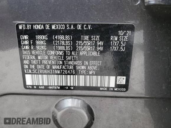 2022 Honda HR-V LX с VIN 3CZRU6H31NM726476, выставлен на аукционе Copart как лот 69637104 с пробегом 73 176 миль миль и Чистый • Clean title. История ставок и продаж доступна на DreamBid. Изображение 14.