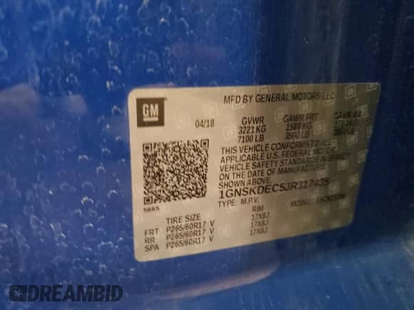 2018 Chevrolet Tahoe Commercial with VIN 1GNSKDEC5JR317435, listed as a Copart auction lot 68898145 with 136,760 mi miles and Clean title. Bid and sale history available at DreamBid. Image 14.