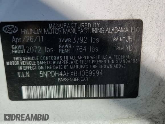 2011 Hyundai Elantra GLS z VIN 5NPDH4AEXBH059994, wystawiony jako Copart lot #64860605 z przebiegiem 188 973 mil mil oraz Szkoda całkowita • Salvage title. Historia ofert i sprzedaży dostępna na DreamBid. Obrazek 12.