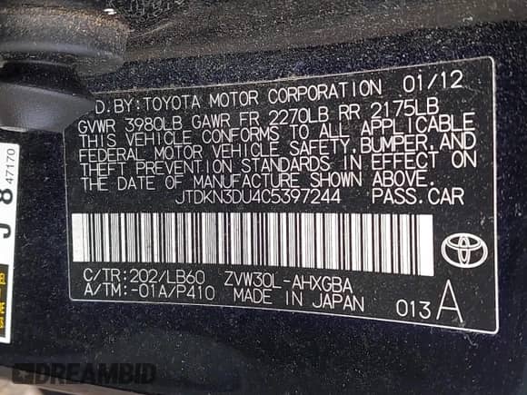 2012 Toyota Prius One с VIN JTDKN3DU4C5397244, выставлен на аукционе IAAI как лот 43075814 с пробегом 218 963 миль миль и . История ставок и продаж доступна на DreamBid. Изображение 9.