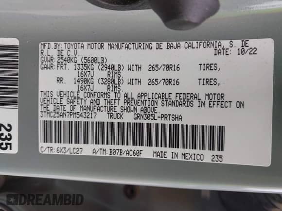 2023 Toyota Tacoma SR z VIN 3TMCZ5AN7PM543217, wystawiony jako IAAI lot #43400966 z przebiegiem 59 385 mil mil oraz . Historia ofert i sprzedaży dostępna na DreamBid. Obrazek 9.