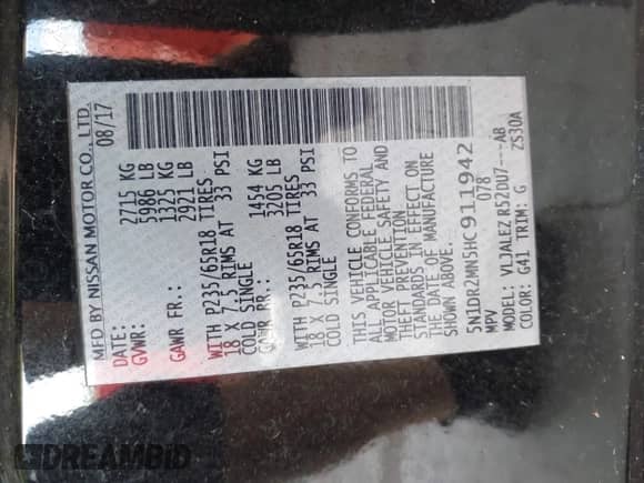 2017 Nissan Pathfinder Platinum with VIN 5N1DR2MN5HC911942, listed as a IAAI auction lot 43351803 with 75,603 mi miles and . Bid and sale history available at DreamBid. Image 9.