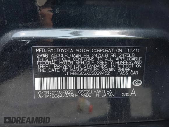 2012 Lexus IS 350 z VIN JTHBE5C2XC5029452, wystawiony jako IAAI lot #43177988 z przebiegiem Nie podano mil oraz . Historia ofert i sprzedaży dostępna na DreamBid. Obrazek 9.