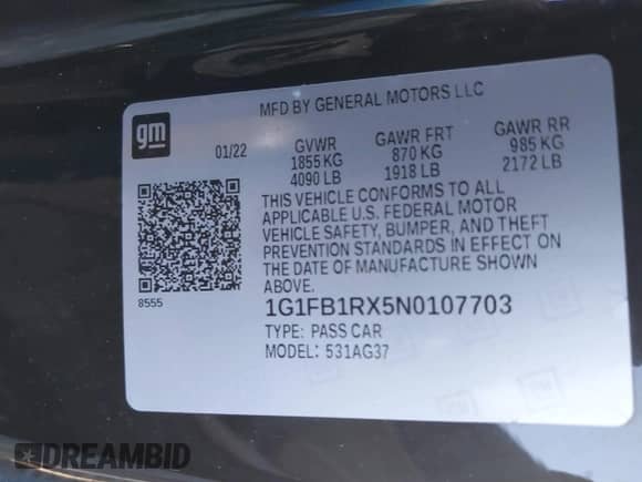 2022 Chevrolet Camaro 1LT z VIN 1G1FB1RX5N0107703, wystawiony jako IAAI lot #41296770 z przebiegiem 33 722 mil mil oraz . Historia ofert i sprzedaży dostępna na DreamBid. Obrazek 9.