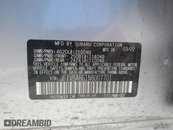 2022 Subaru WRX Premium с VIN JF1VBAH61N8007701, выставлен на аукционе Copart как лот 61679685 с пробегом 28 573 миль миль и Списание • Salvage title. История ставок и продаж доступна на DreamBid. Изображение 12.