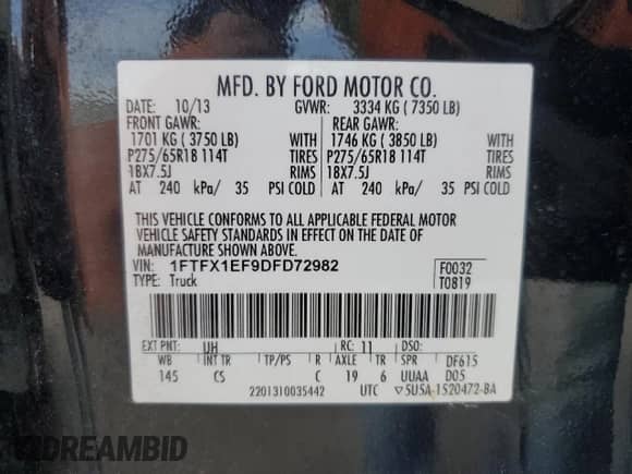 2013 Ford F-150 STX с VIN 1FTFX1EF9DFD72982, выставлен на аукционе Copart как лот 83853915 с пробегом 103 847 миль миль и Чистый • Clean title. История ставок и продаж доступна на DreamBid. Изображение 12.