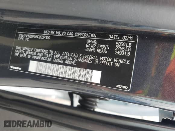 2012 Volvo S60 T6 with VIN YV1902FH8C2037106, listed as a Copart auction lot 66068305 with 148,216 mi miles and Salvage title. Bid and sale history available at DreamBid. Image 12.