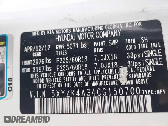 2012 Hyundai Santa Fe Limited with VIN 5XYZK4AG4CG150700, listed as a IAAI auction lot 42138342 with 128,893 mi miles and . Bid and sale history available at DreamBid. Image 9.