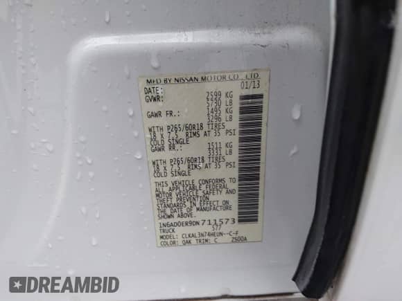 2013 Nissan Frontier SV with VIN 1N6AD0ER9DN711573, listed as a IAAI auction lot 41558649 with Not provided miles and . Bid and sale history available at DreamBid. Image 9.