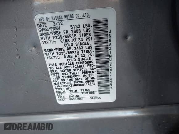2012 Nissan Murano S with VIN JN8AZ1MU3CW114237, listed as a IAAI auction lot 41711473 with 186,204 mi miles and . Bid and sale history available at DreamBid. Image 9.