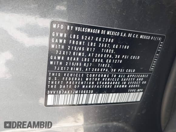 2018 Volkswagen Tiguan S с VIN 3VV1B7AX1JM106539, выставлен на аукционе IAAI как лот 42735914 с пробегом 89 055 миль миль и . История ставок и продаж доступна на DreamBid. Изображение 9.