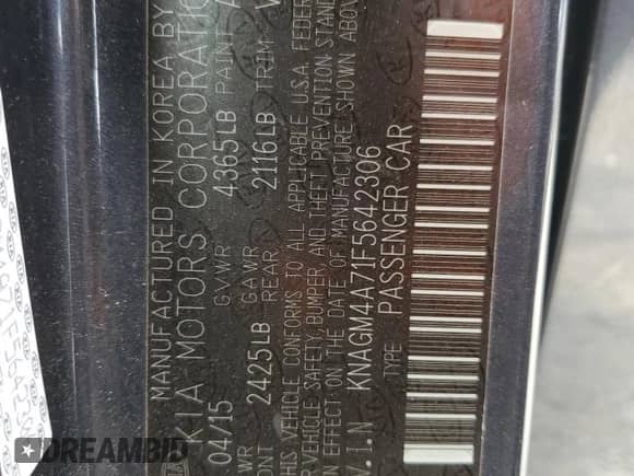 2015 Kia Optima LX с VIN KNAGM4A71F5642306, выставлен на аукционе Copart как лот 70604665 с пробегом 188 034 миль миль и Списание • Salvage title. История ставок и продаж доступна на DreamBid. Изображение 12.
