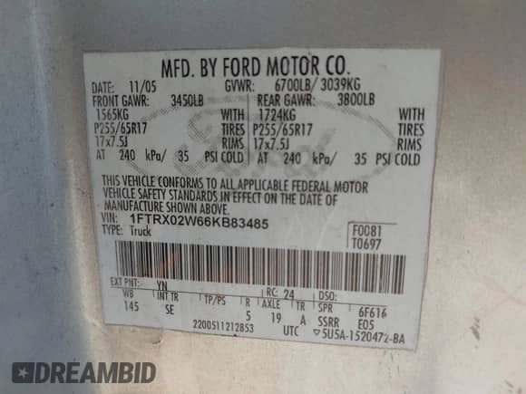 2006 Ford F-150 STX with VIN 1FTRX02W66KB83485, listed as a IAAI auction lot 42867271 with 248,910 mi miles and . Bid and sale history available at DreamBid. Image 9.