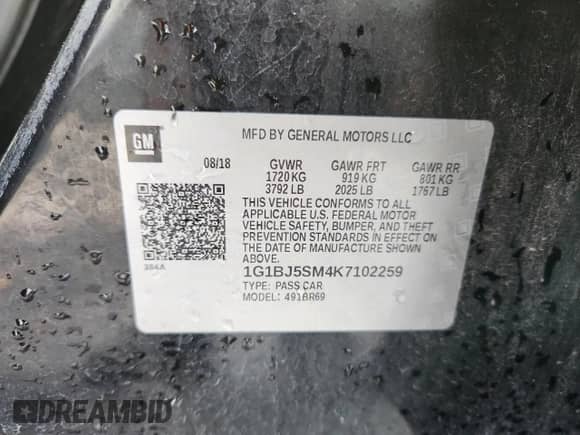 2019 Chevrolet Cruze z VIN 1G1BJ5SM4K7102259, wystawiony jako Copart lot #80348685 z przebiegiem 141 033 mil mil oraz Szkoda całkowita • Salvage title. Historia ofert i sprzedaży dostępna na DreamBid. Obrazek 12.