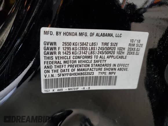 2019 Honda Pilot Touring 8-Passenger z VIN 5FNYF6H93KB033523, wystawiony jako Copart lot #70325145 z przebiegiem 92 401 mil mil oraz Szkoda całkowita • Salvage title. Historia ofert i sprzedaży dostępna na DreamBid. Obrazek 12.