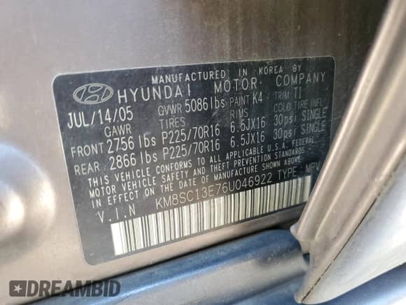 2006 Hyundai Santa Fe GLS с VIN KM8SC13E76U046922, выставлен на аукционе Copart как лот 74558354 с пробегом 124 919 миль миль и Чистый • Clean title. История ставок и продаж доступна на DreamBid. Изображение 13.