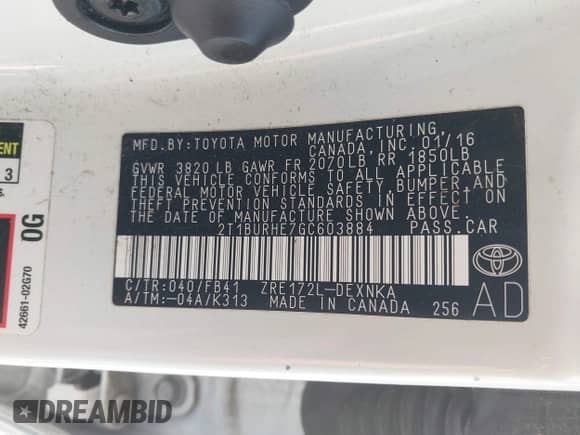 2016 Toyota Corolla L with VIN 2T1BURHE7GC603884, listed as a IAAI auction lot 43082732 with 184,300 mi miles and . Bid and sale history available at DreamBid. Image 9.