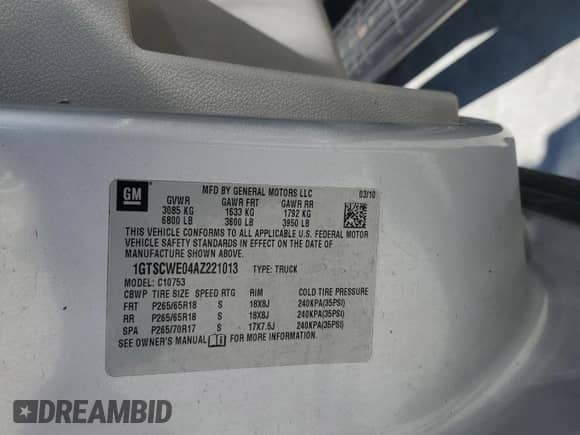 2010 GMC Sierra 1500 with VIN 1GTSCWE04AZ221013, listed as a Copart auction lot 46502985 with 232,338 mi miles and Salvage title. Bid and sale history available at DreamBid. Image 13.