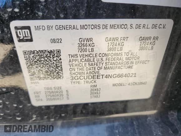 2022 Chevrolet Silverado 1500 RST with VIN 3GCUDEET4NG664021, listed as a Copart auction lot 63237365 with 52,302 mi miles and Salvage title. Bid and sale history available at DreamBid. Image 12.