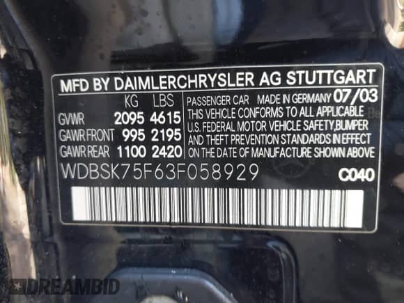 2003 Mercedes-Benz SL 500 with VIN WDBSK75F63F058929, listed as a IAAI auction lot 43288557 with 128,738 mi miles and . Bid and sale history available at DreamBid. Image 9.