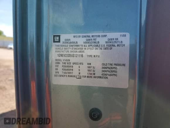 2009 Chevrolet Traverse 2LT with VIN 1GNEV23D59S121116, listed as a Copart auction lot 65646265 with 175,929 mi miles and Salvage title. Bid and sale history available at DreamBid. Image 13.