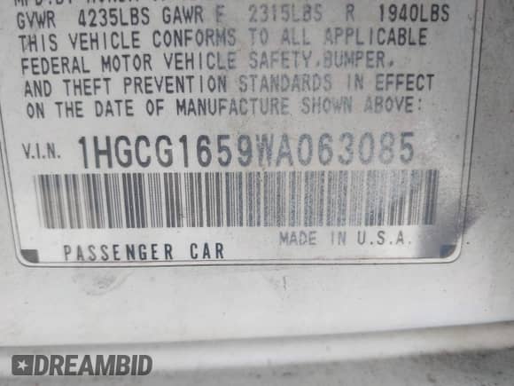 1998 Honda Accord EX с VIN 1HGCG1659WA063085, выставлен на аукционе IAAI как лот 42755373 с пробегом 96 865 миль миль и . История ставок и продаж доступна на DreamBid. Изображение 9.