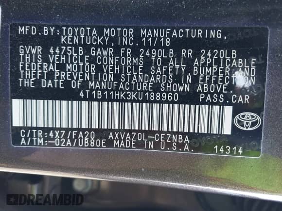 2019 Toyota Camry SE z VIN 4T1B11HK3KU188960, wystawiony jako IAAI lot #43407403 z przebiegiem 97 496 mil mil oraz . Historia ofert i sprzedaży dostępna na DreamBid. Obrazek 9.