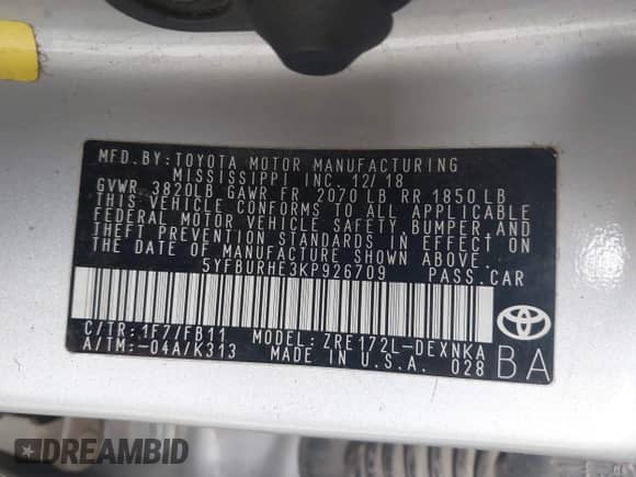 2019 Toyota Corolla L с VIN 5YFBURHE3KP926709, выставлен на аукционе IAAI как лот 43335054 с пробегом Не указан миль и . История ставок и продаж доступна на DreamBid. Изображение 9.