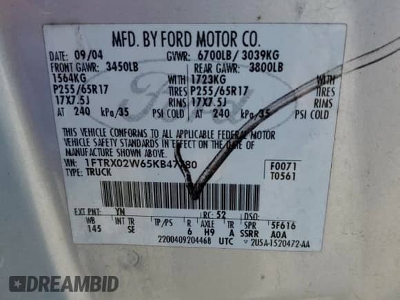 2005 Ford F-150 STX z VIN 1FTRX02W65KB47780, wystawiony jako Copart lot #79226154 z przebiegiem 229 189 mil mil oraz Szkoda całkowita • Salvage title. Historia ofert i sprzedaży dostępna na DreamBid. Obrazek 12.