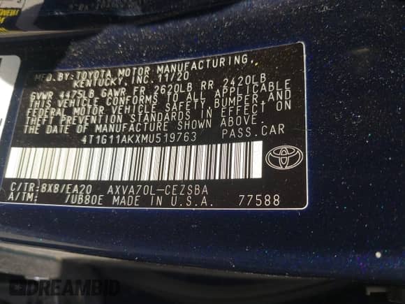 2021 Toyota Camry SE Nightshade z VIN 4T1G11AKXMU519763, wystawiony jako IAAI lot #43319480 z przebiegiem 97 862 mil mil oraz . Historia ofert i sprzedaży dostępna na DreamBid. Obrazek 9.