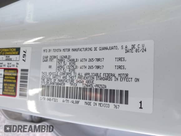 2024 Toyota Tacoma SR5 with VIN 3TYLB5JN9RT004030, listed as a IAAI auction lot 43486815 with 27,397 mi miles and . Bid and sale history available at DreamBid. Image 9.