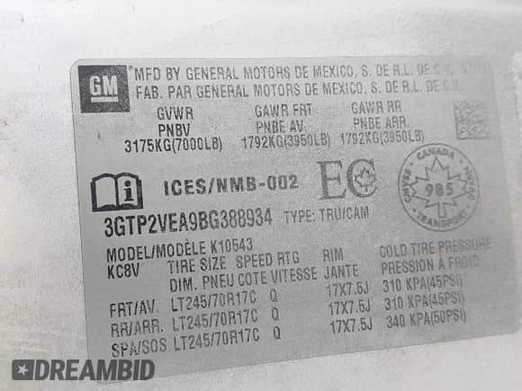 2011 GMC Sierra 1500 SLE with VIN 3GTP2VEA9BG388934, listed as a IAAI auction lot 43127376 with 129,856 mi miles and . Bid and sale history available at DreamBid. Image 9.