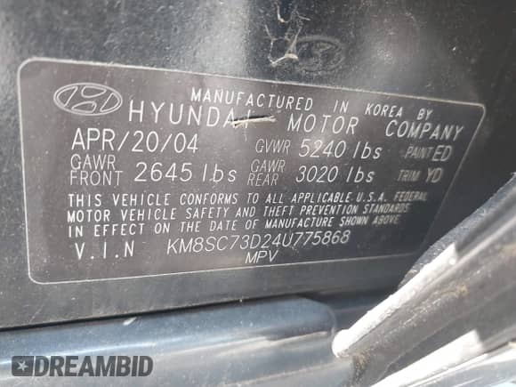 2004 Hyundai Santa Fe GLS с VIN KM8SC73D24U775868, выставлен на аукционе IAAI как лот 42863144 с пробегом 101 088 миль миль и . История ставок и продаж доступна на DreamBid. Изображение 9.