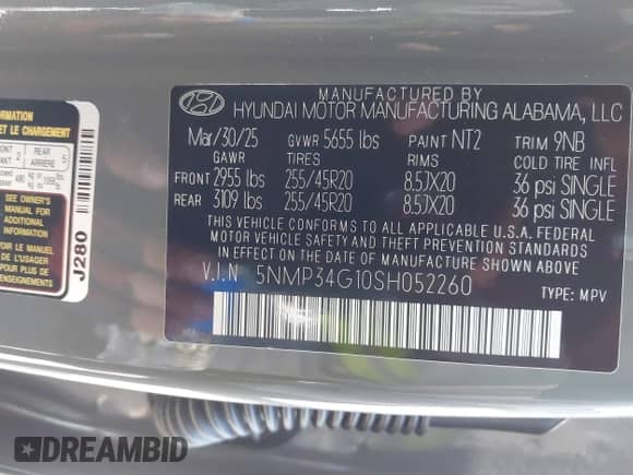 2025 Hyundai Santa Fe Limited с VIN 5NMP34G10SH052260, выставлен на аукционе IAAI как лот 43295216 с пробегом 3 404 миль миль и . История ставок и продаж доступна на DreamBid. Изображение 9.