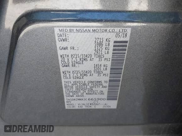 2018 Nissan Pathfinder S with VIN 5N1DR2MNXJC665900, listed as a IAAI auction lot 41496498 with 112,263 mi miles and . Bid and sale history available at DreamBid. Image 9.