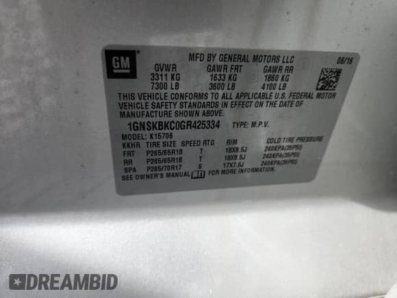 2016 Chevrolet Tahoe LT with VIN 1GNSKBKC0GR425334, listed as a Copart auction lot 80571525 with 150,620 mi miles and Salvage title. Bid and sale history available at DreamBid. Image 13.