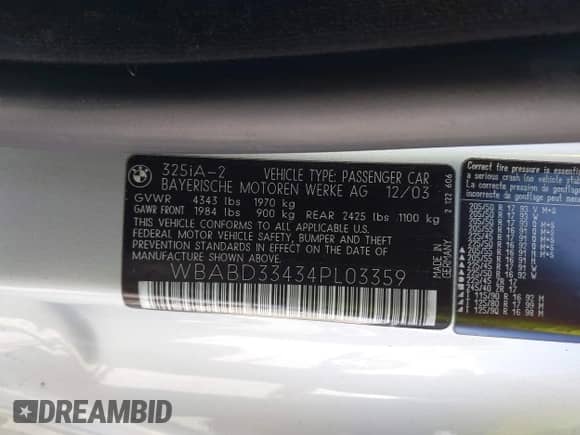 2004 BMW 3 Series 325Ci with VIN WBABD33434PL03359, listed as a IAAI auction lot 42381962 with 126,487 mi miles and . Bid and sale history available at DreamBid. Image 9.