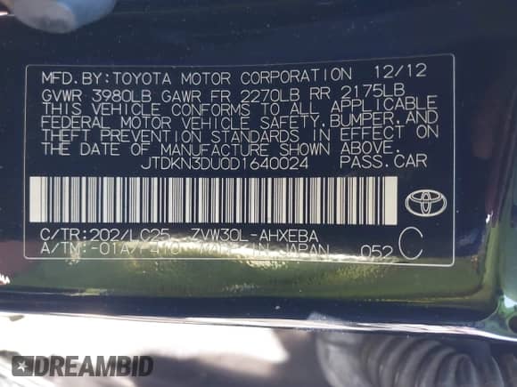 2013 Toyota Prius One with VIN JTDKN3DU0D1640024, listed as a IAAI auction lot 42842893 with 164,247 mi miles and . Bid and sale history available at DreamBid. Image 9.