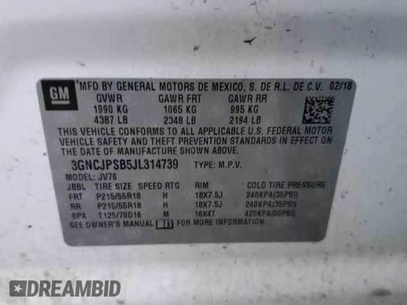 2018 Chevrolet Trax LT z VIN 3GNCJPSB5JL314739, wystawiony jako Copart lot #83013384 z przebiegiem 155 341 mil mil oraz Czysty tytuł • Clean title. Historia ofert i sprzedaży dostępna na DreamBid. Obrazek 13.