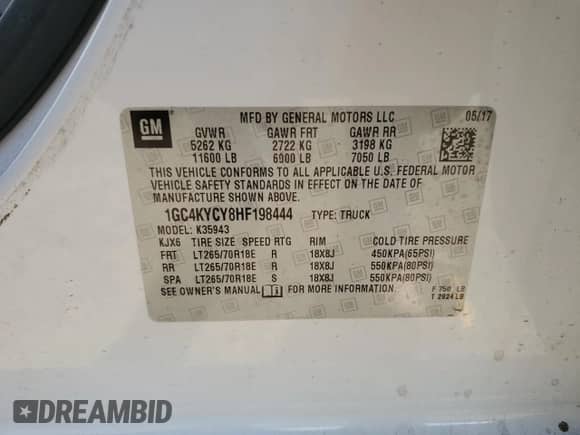 2017 Chevrolet Silverado 3500HD Work Truck с VIN 1GC4KYCY8HF198444, выставлен на аукционе Copart как лот 43447745 с пробегом 153 956 миль миль и Списание • Salvage title. История ставок и продаж доступна на DreamBid. Изображение 13.