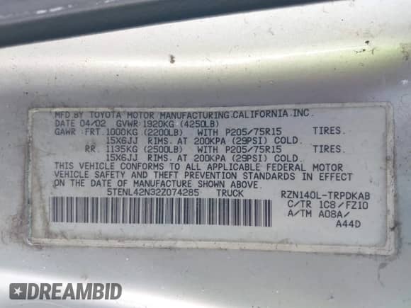 2002 Toyota Tacoma with VIN 5TENL42N32Z074285, listed as a IAAI auction lot 43438609 with 160,565 mi miles and . Bid and sale history available at DreamBid. Image 9.